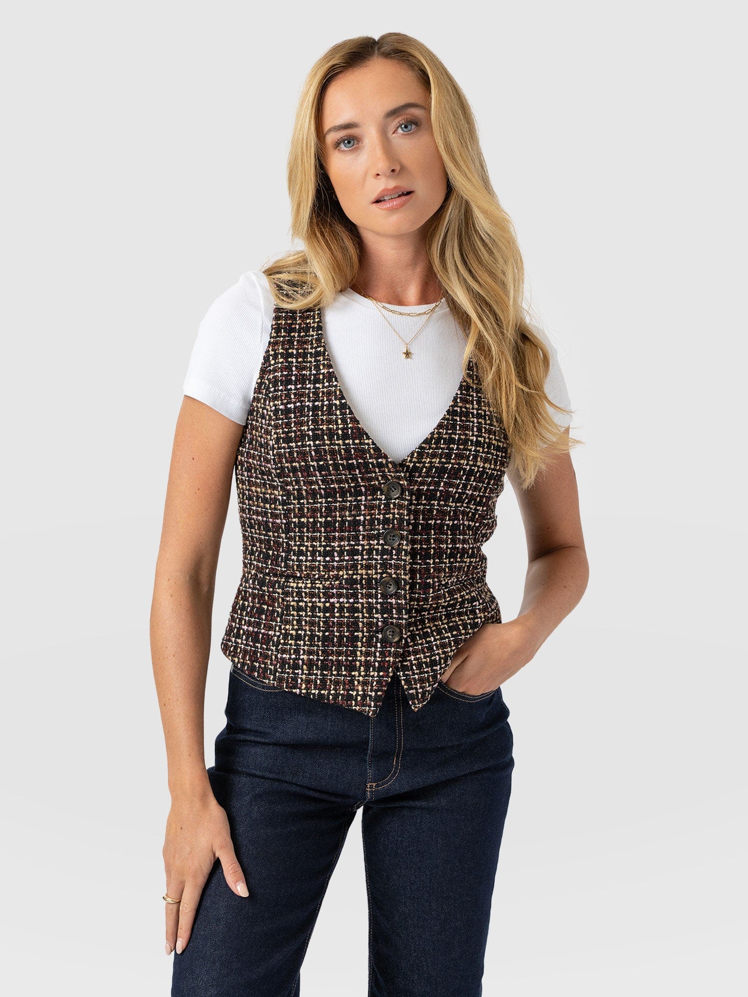 Astrid Waistcoat - Black/Burgundy/Gold Boucle - Women's Jackets | Saint + Sofia® USA